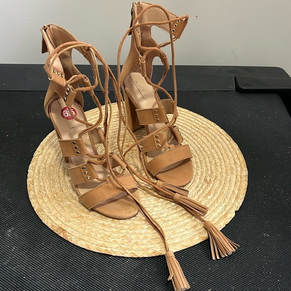 Aldo Cognac Brown Leather Suede Gladiator Heel Sandals Size 6.5 - Picture 5 of 16